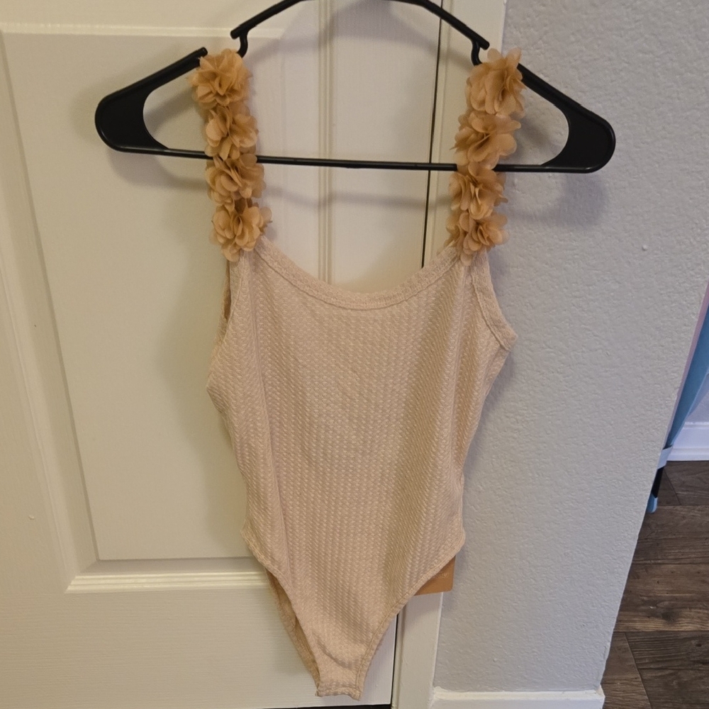SHEIN Tan Ribbed Bodysuit with Frilly Straps